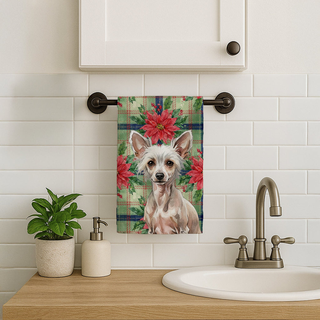 Hairless Chinese Crested Christmas PoinsettIas Kitchen Towel Velour Plush Front and Cotton Loop Back Machine Washable
