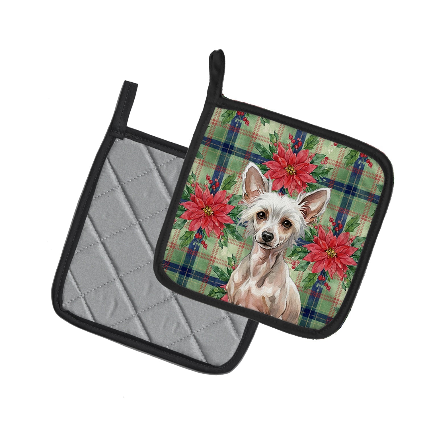Hairless Chinese Crested Christmas PoinsettIas Pot Holder Set of 2 Heat Resistant Quilted Hot Pads 7.5 x 7.5 Inch, Insulated Kitchen Trivets for Cooking & Baking