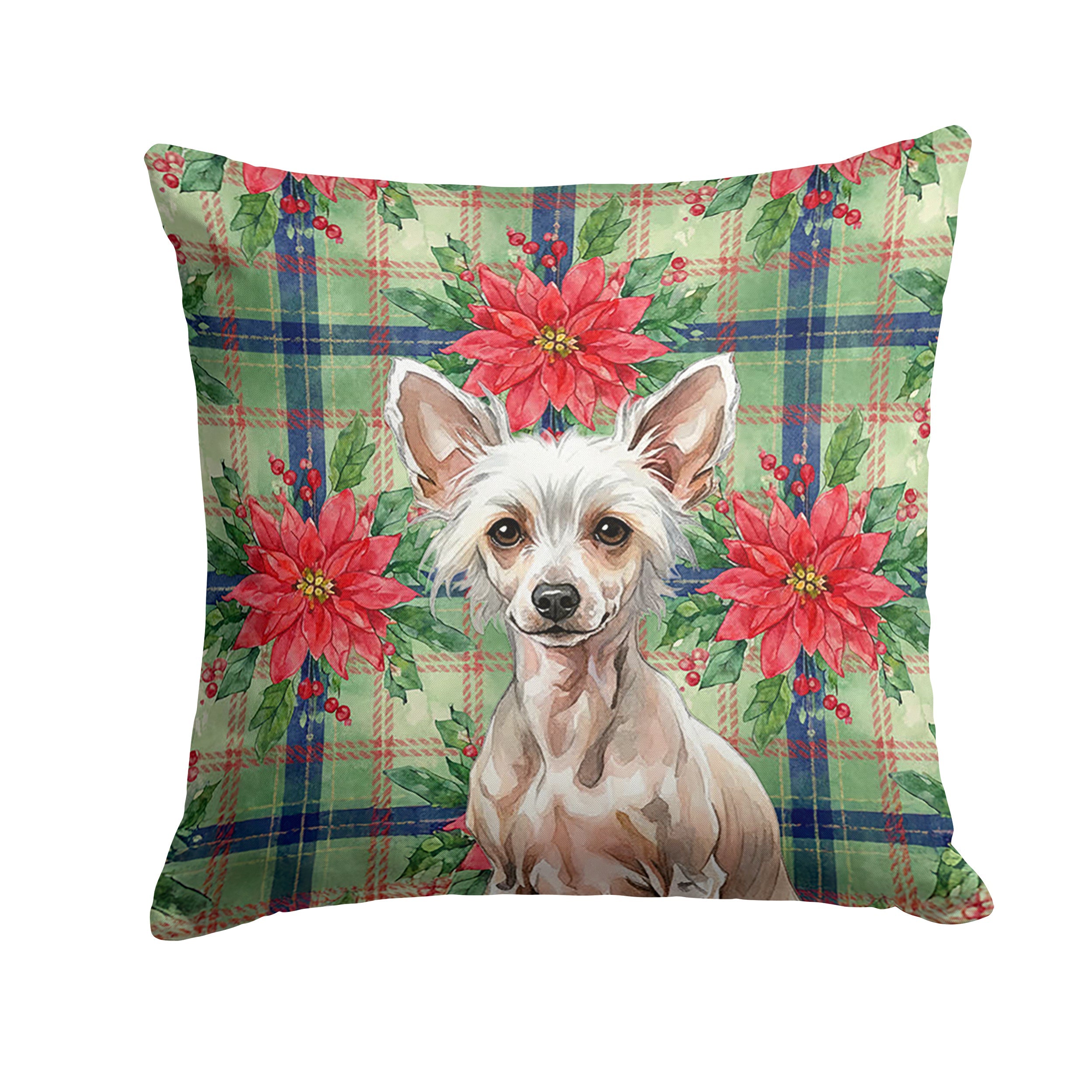 Hairless Chinese Crested Christmas PoinsettIas Decorative Throw Pillow 14x14 Indoor Outdoor Accent Cushion, Fabric Cover with Insert for Sofa, Bed, Porch & Living Room