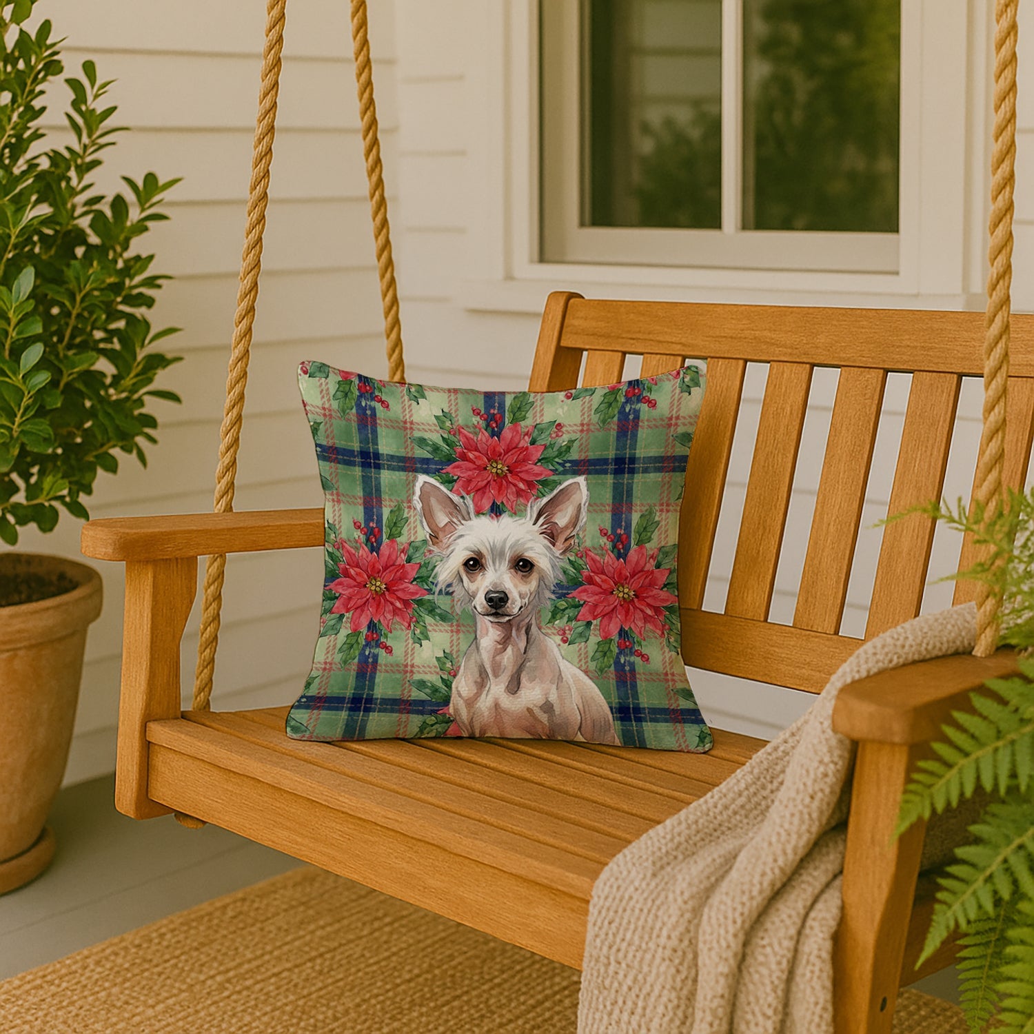 Hairless Chinese Crested Christmas PoinsettIas Decorative Throw Pillow 18x18 Indoor Outdoor Accent Cushion, Fabric Cover with Insert for Sofa, Bed, Porch & Living Room