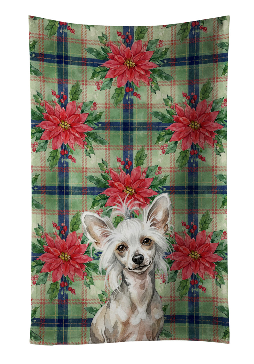 Hairless Mottled Pattern Chinese Crested Christmas PoinsettIas Kitchen Towel Velour Plush Front and Cotton Loop Back Machine Washable