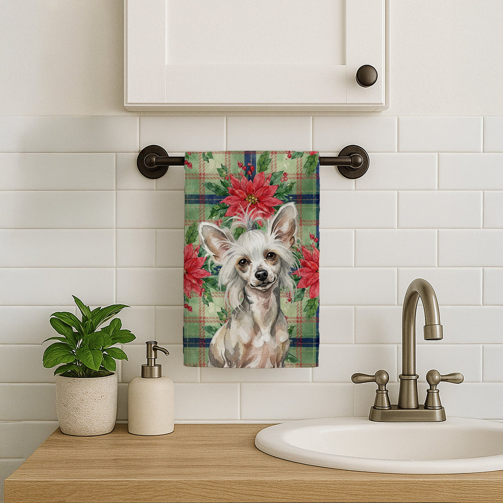 Hairless Mottled Pattern Chinese Crested Christmas PoinsettIas Kitchen Towel Velour Plush Front and Cotton Loop Back Machine Washable
