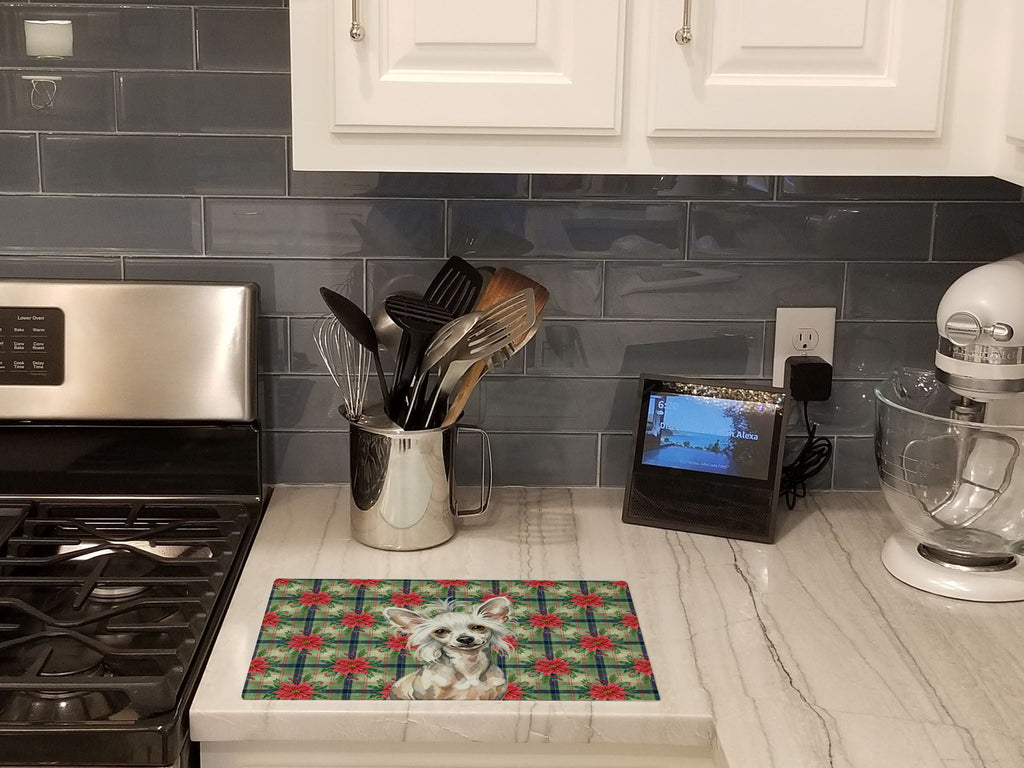 Hairless Mottled Pattern Chinese Crested Christmas PoinsettIas Cutting Board Tempered Glass Kitchen Cutting Surface, Heat Resistant Chopping, Non-Slip Feet, Food Prep & Serving