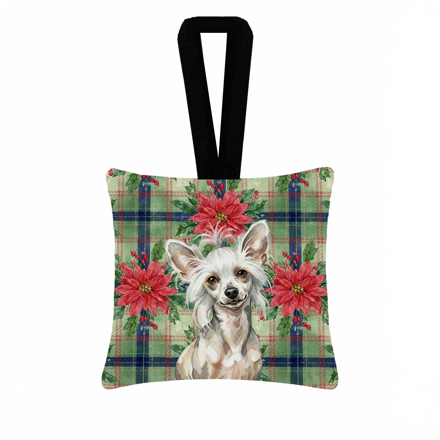 Hairless Mottled Pattern Chinese Crested Christmas PoinsettIas Hanging Square Fabric Ornament 3.5 � 3.5 Decorative Door-Knob & Tree Hanger, Soft Fabric