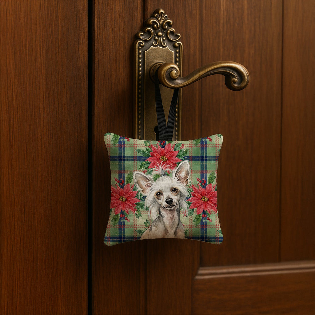 Hairless Mottled Pattern Chinese Crested Christmas PoinsettIas Hanging Square Fabric Ornament 3.5 � 3.5 Decorative Door-Knob & Tree Hanger, Soft Fabric