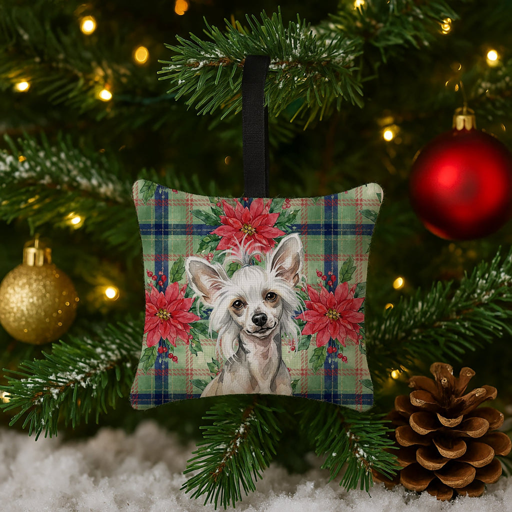 Hairless Mottled Pattern Chinese Crested Christmas PoinsettIas Hanging Square Fabric Ornament 3.5 � 3.5 Decorative Door-Knob & Tree Hanger, Soft Fabric