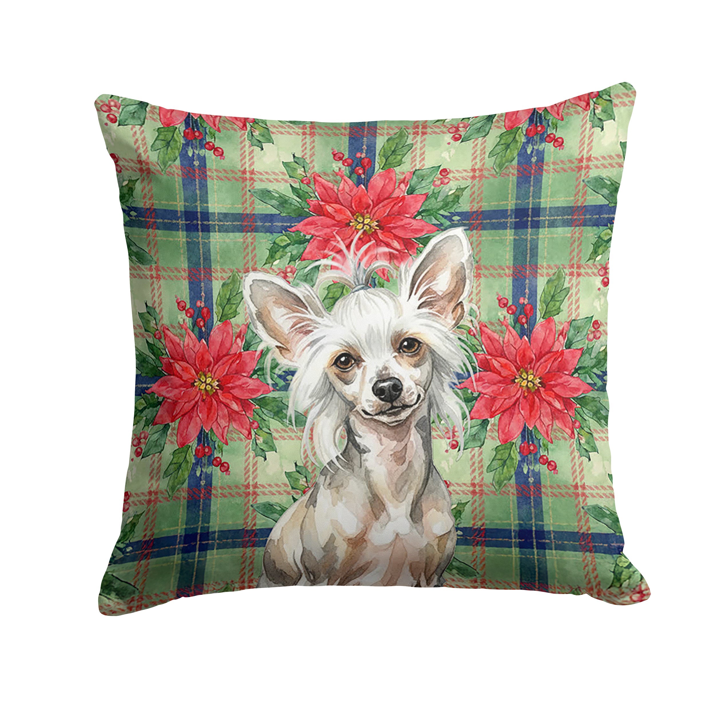 Hairless Mottled Pattern Chinese Crested Christmas PoinsettIas Decorative Throw Pillow 18x18 Indoor Outdoor Accent Cushion, Fabric Cover with Insert for Sofa, Bed, Porch & Living Room