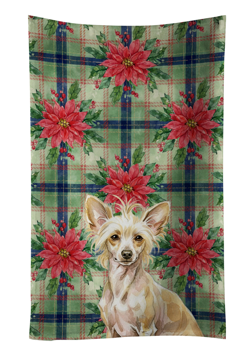 Hairless Palomino Chinese Crested Christmas PoinsettIas Kitchen Towel Velour Plush Front and Cotton Loop Back Machine Washable