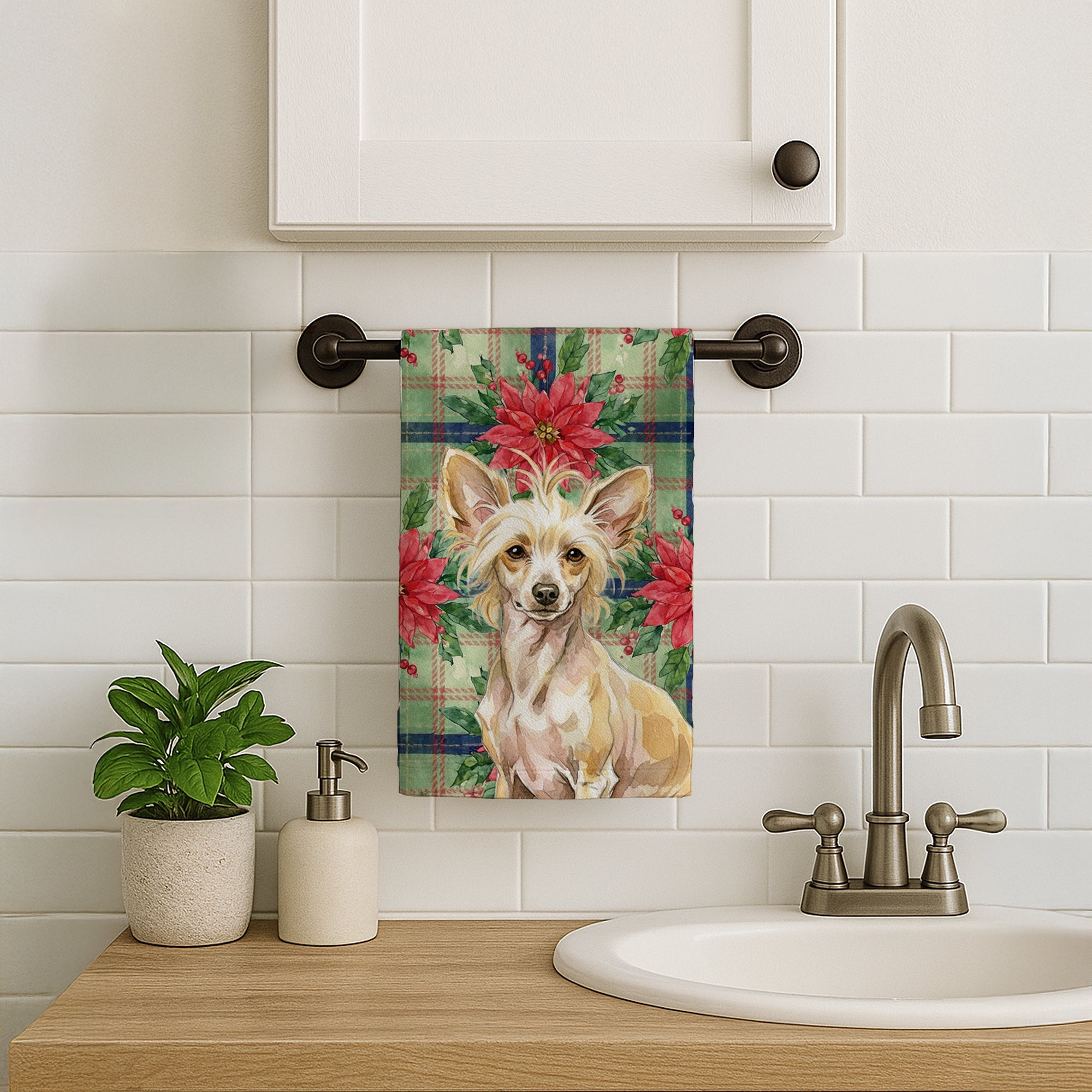 Hairless Palomino Chinese Crested Christmas PoinsettIas Kitchen Towel Velour Plush Front and Cotton Loop Back Machine Washable