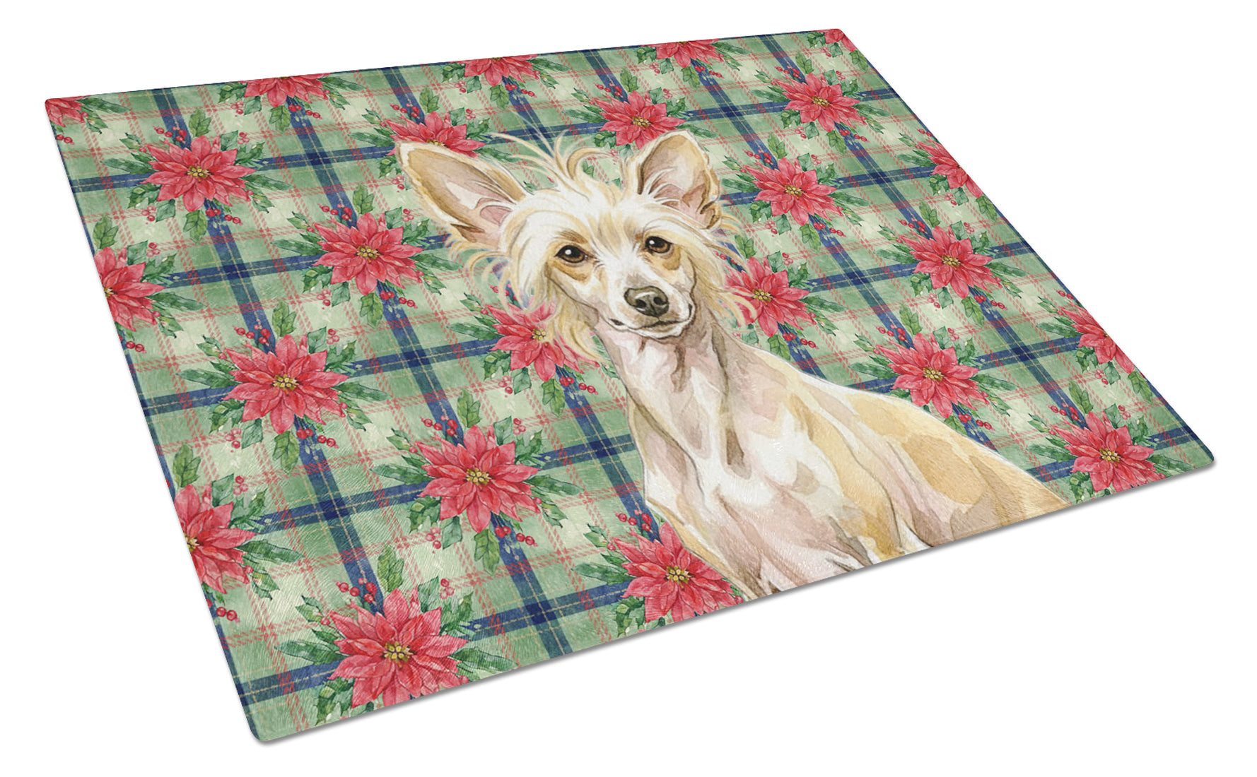 Hairless Palomino Chinese Crested Christmas PoinsettIas Cutting Board Tempered Glass Kitchen Cutting Surface, Heat Resistant Chopping, Non-Slip Feet, Food Prep & Serving
