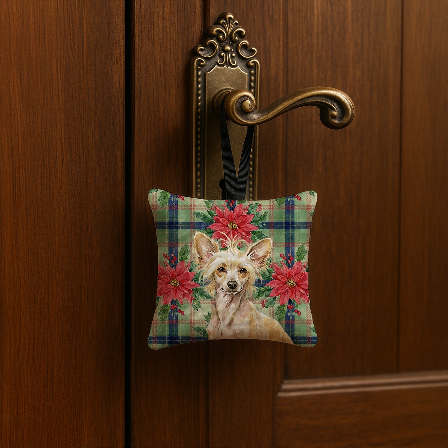 Hairless Palomino Chinese Crested Christmas PoinsettIas Hanging Square Fabric Ornament 3.5 � 3.5 Decorative Door-Knob & Tree Hanger, Soft Fabric