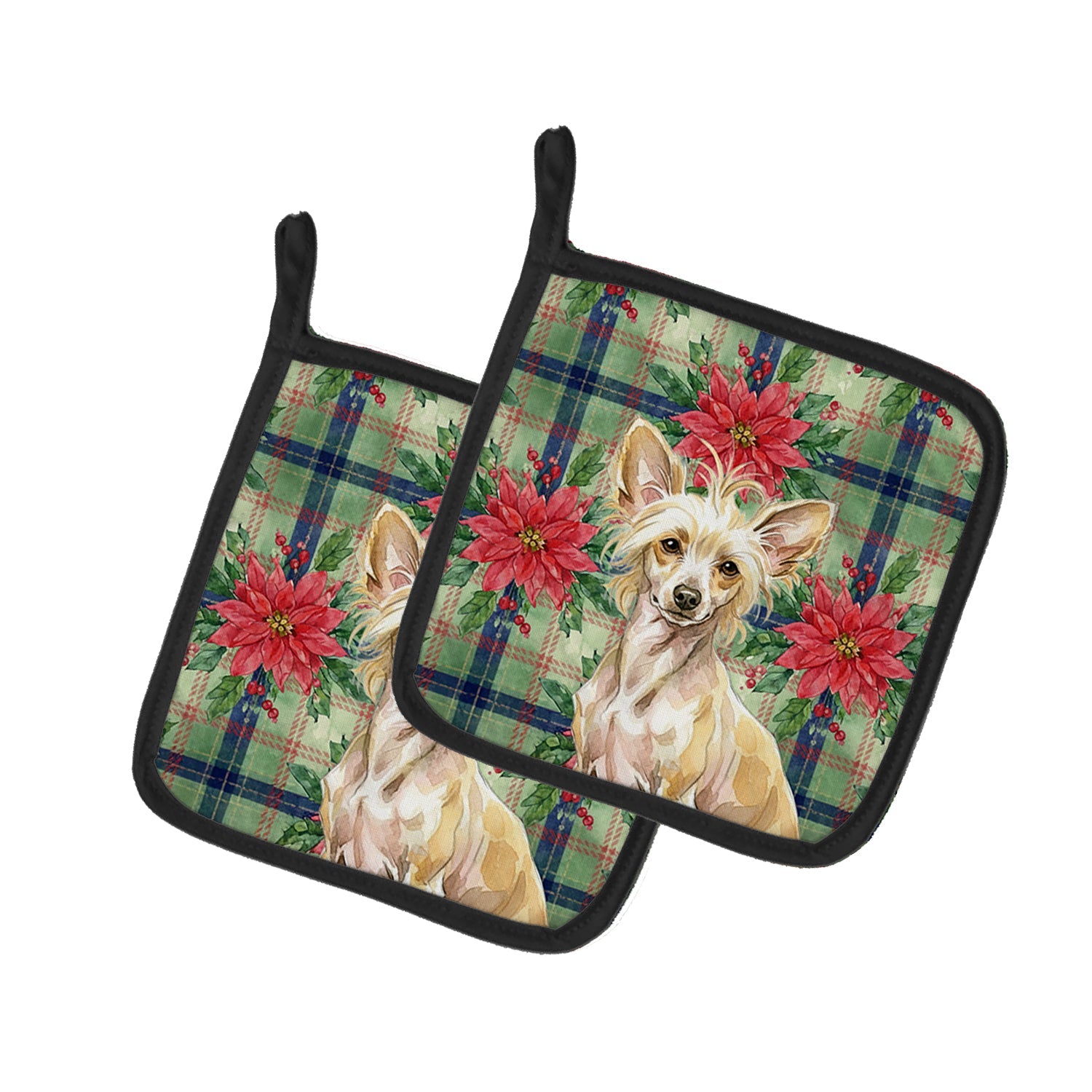 Hairless Palomino Chinese Crested Christmas PoinsettIas Pot Holder Set of 2 Heat Resistant Quilted Hot Pads 7.5 x 7.5 Inch, Insulated Kitchen Trivets for Cooking & Baking