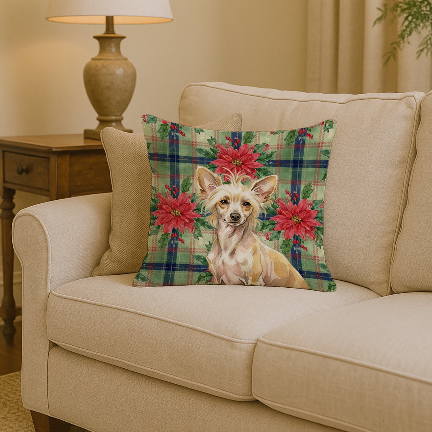 Hairless Palomino Chinese Crested Christmas PoinsettIas Decorative Throw Pillow 14x14 Indoor Outdoor Accent Cushion, Fabric Cover with Insert for Sofa, Bed, Porch & Living Room