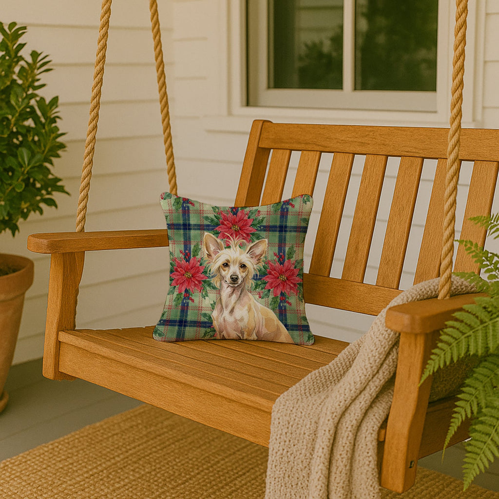 Hairless Palomino Chinese Crested Christmas PoinsettIas Decorative Throw Pillow 14x14 Indoor Outdoor Accent Cushion, Fabric Cover with Insert for Sofa, Bed, Porch & Living Room