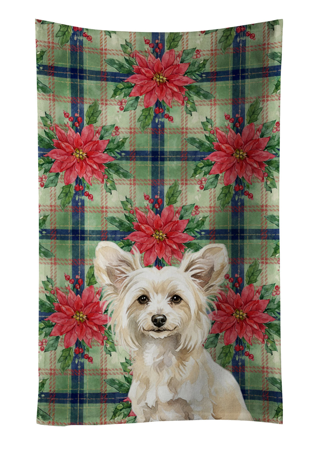Powderpuff Chinese Crested Christmas PoinsettIas Kitchen Towel Velour Plush Front and Cotton Loop Back Machine Washable