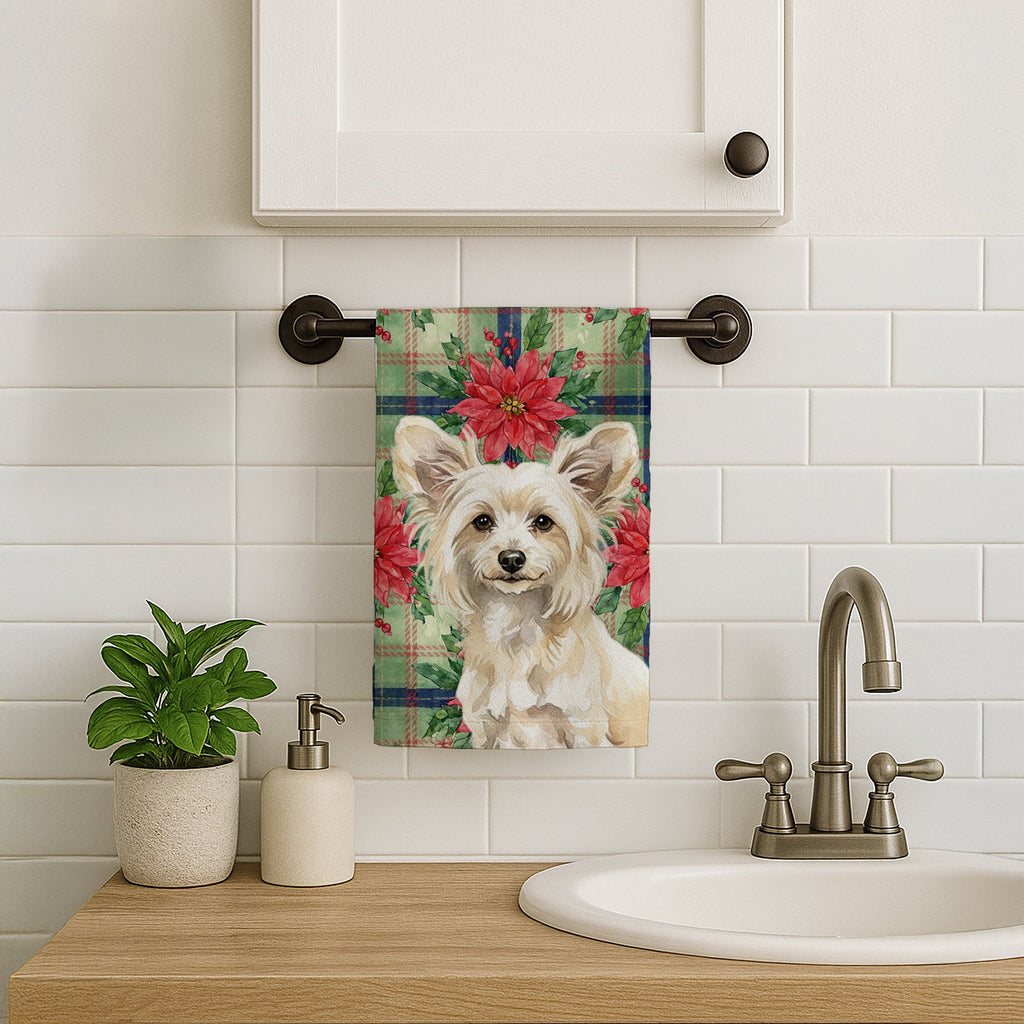 Powderpuff Chinese Crested Christmas PoinsettIas Kitchen Towel Velour Plush Front and Cotton Loop Back Machine Washable