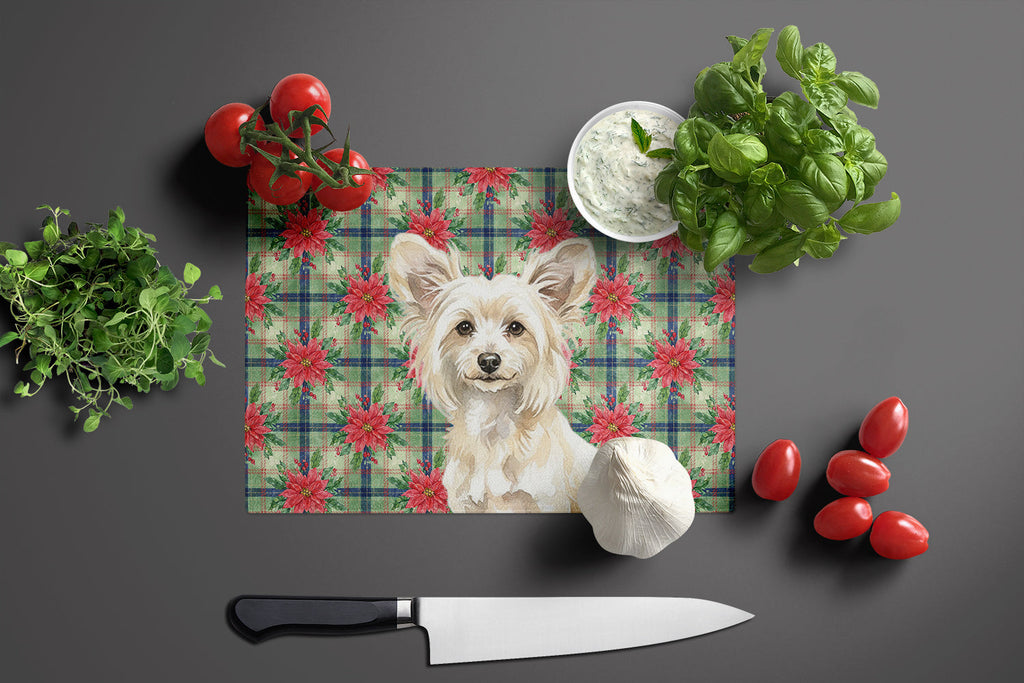 Powderpuff Chinese Crested Christmas PoinsettIas Cutting Board Tempered Glass Kitchen Cutting Surface, Heat Resistant Chopping, Non-Slip Feet, Food Prep & Serving
