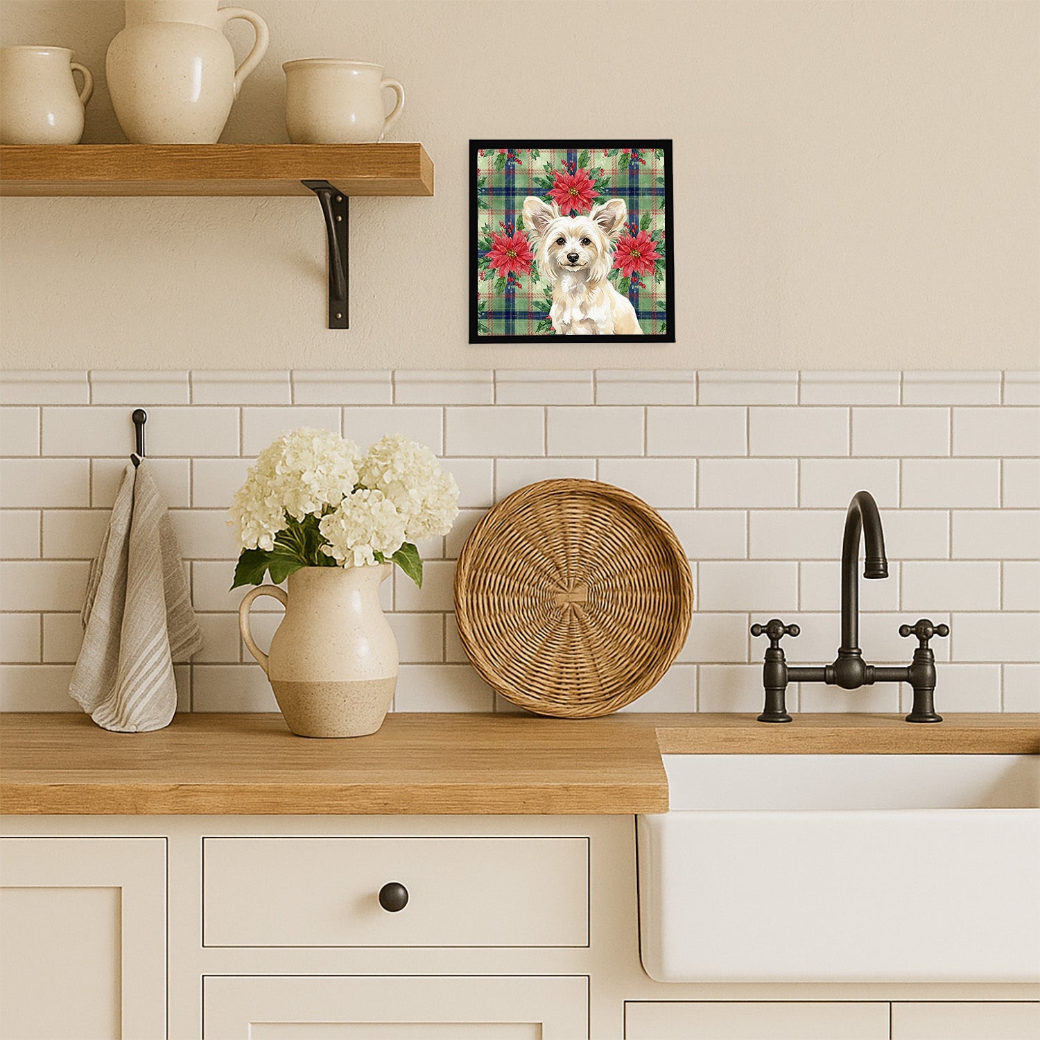 Powderpuff Chinese Crested Christmas PoinsettIas Framed Metal Print Bathroom, Kitchen, Office, Home Decor Wall Art Ready to Hang, Square, 8X8