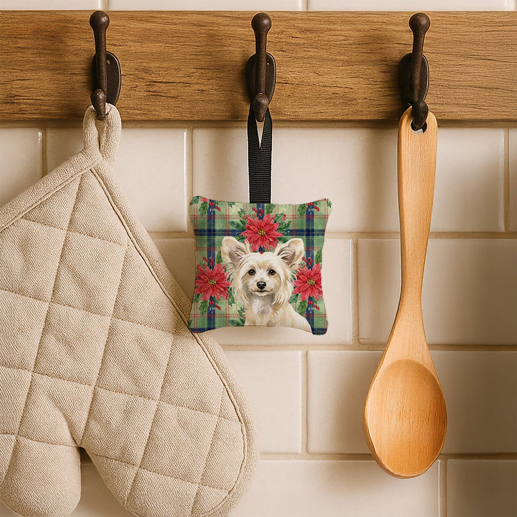 Powderpuff Chinese Crested Christmas PoinsettIas Hanging Square Fabric Ornament 3.5 � 3.5 Decorative Door-Knob & Tree Hanger, Soft Fabric