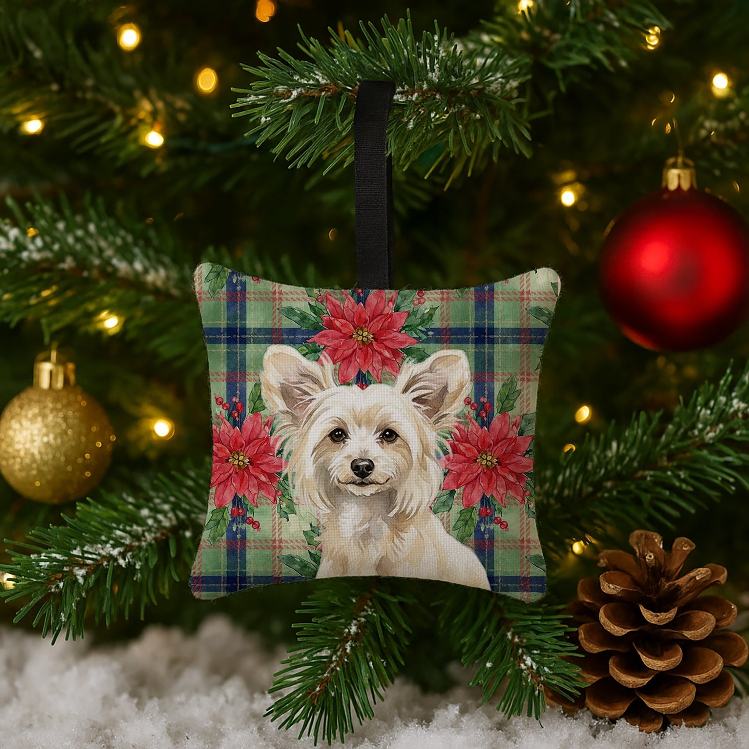 Powderpuff Chinese Crested Christmas PoinsettIas Hanging Square Fabric Ornament 3.5 � 3.5 Decorative Door-Knob & Tree Hanger, Soft Fabric