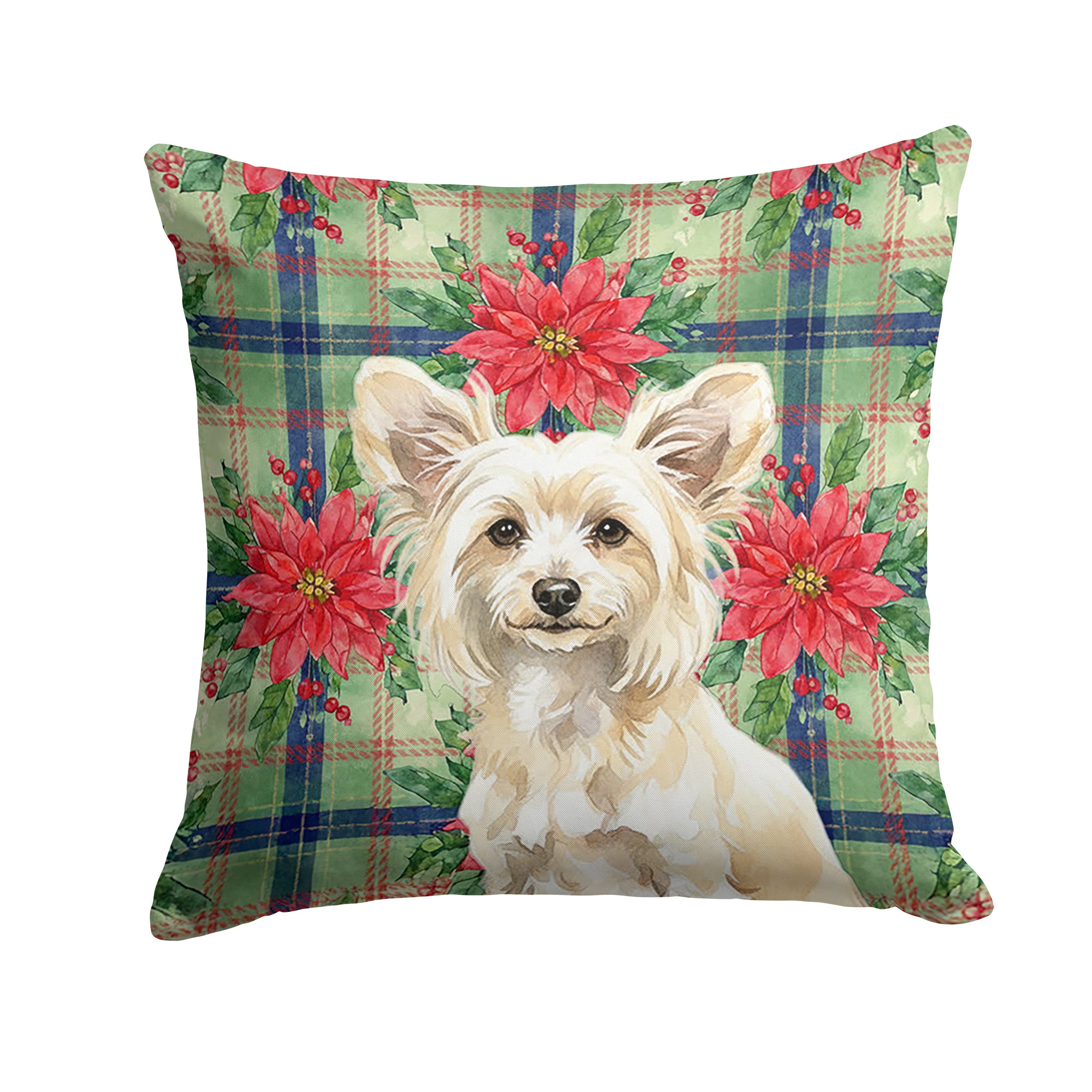 Powderpuff Chinese Crested Christmas PoinsettIas Decorative Throw Pillow 18x18 Indoor Outdoor Accent Cushion, Fabric Cover with Insert for Sofa, Bed, Porch & Living Room