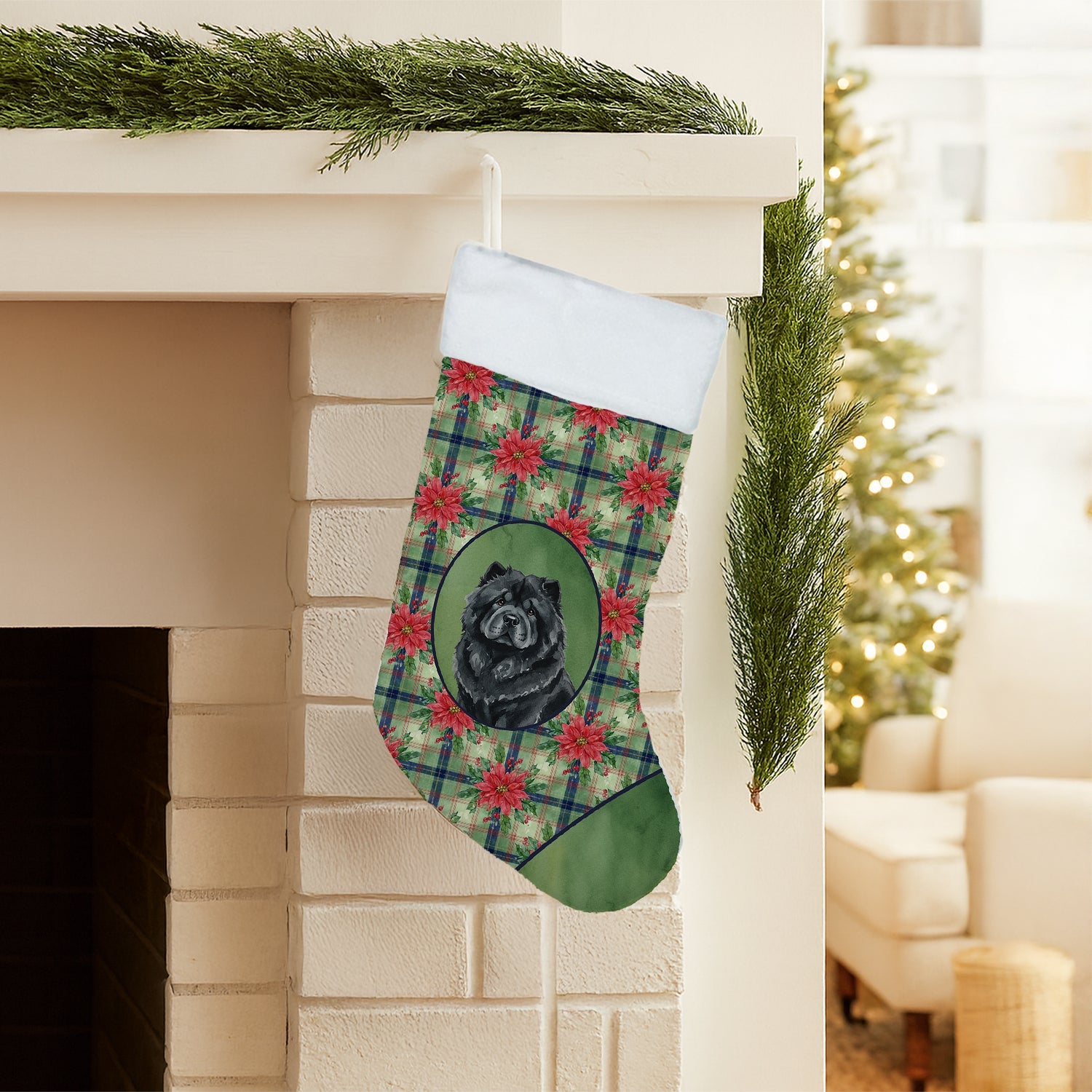 Black Chow Chow Christmas PoinsettIas Holiday Stocking Double-Sided Print, Polyester Suede,11x18, Made in USA
