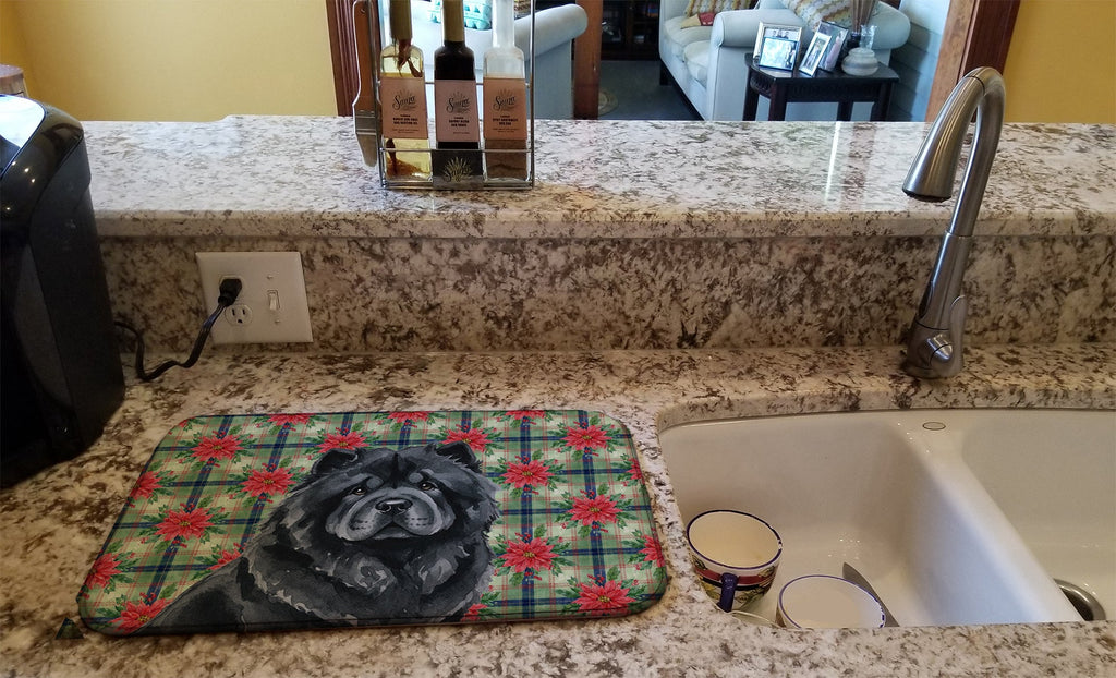 Black Chow Chow Christmas PoinsettIas Dish Drying Mat Absorbent Dish Drying Mat Pad for Kitchen Counter Dish Drainer Mat for Countertop, 14 x 21", Multicolor