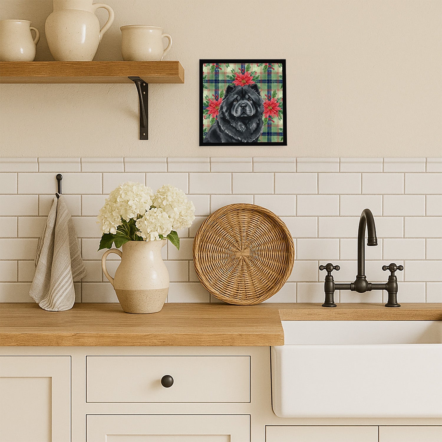 Black Chow Chow Christmas PoinsettIas Framed Metal Print Bathroom, Kitchen, Office, Home Decor Wall Art Ready to Hang, Square, 8X8