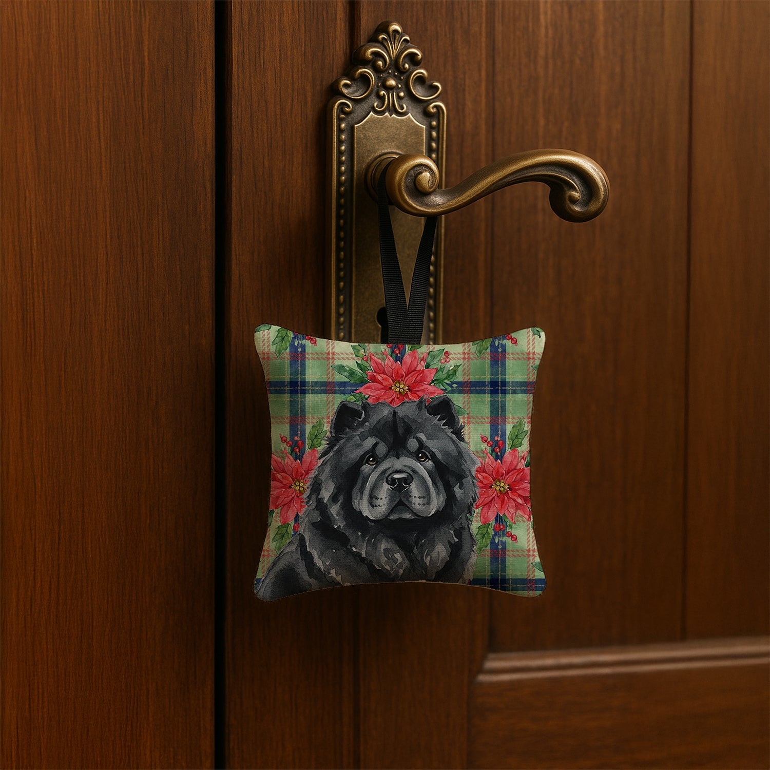Black Chow Chow Christmas PoinsettIas Hanging Square Fabric Ornament 3.5 � 3.5 Decorative Door-Knob & Tree Hanger, Soft Fabric