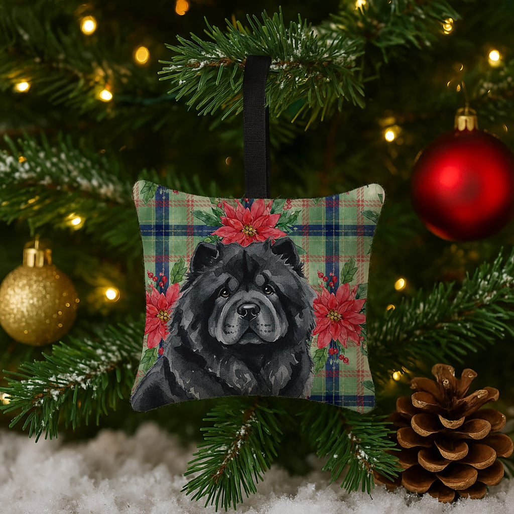 Black Chow Chow Christmas PoinsettIas Hanging Square Fabric Ornament 3.5 � 3.5 Decorative Door-Knob & Tree Hanger, Soft Fabric