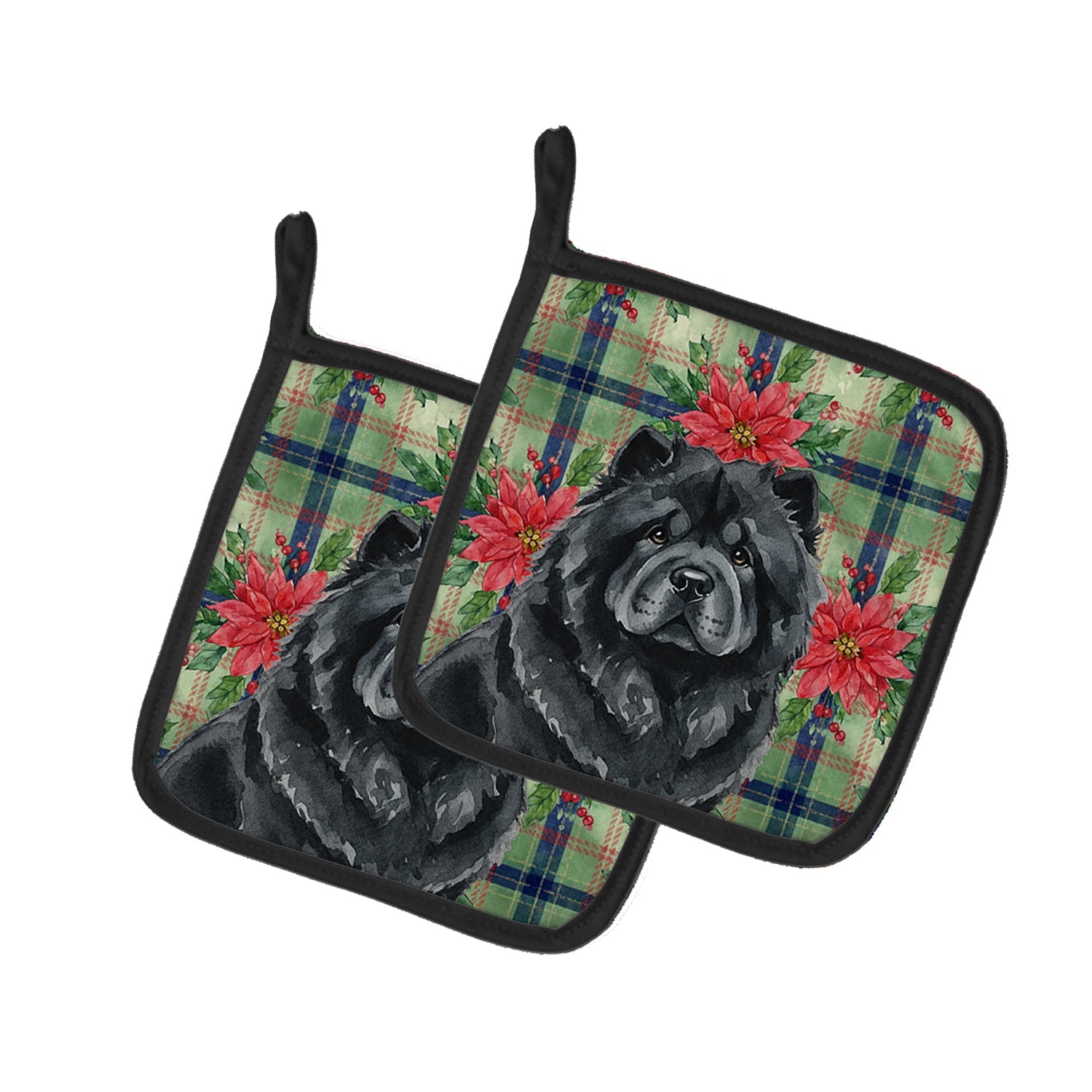 Black Chow Chow Christmas PoinsettIas Pot Holder Set of 2 Heat Resistant Quilted Hot Pads 7.5 x 7.5 Inch, Insulated Kitchen Trivets for Cooking & Baking