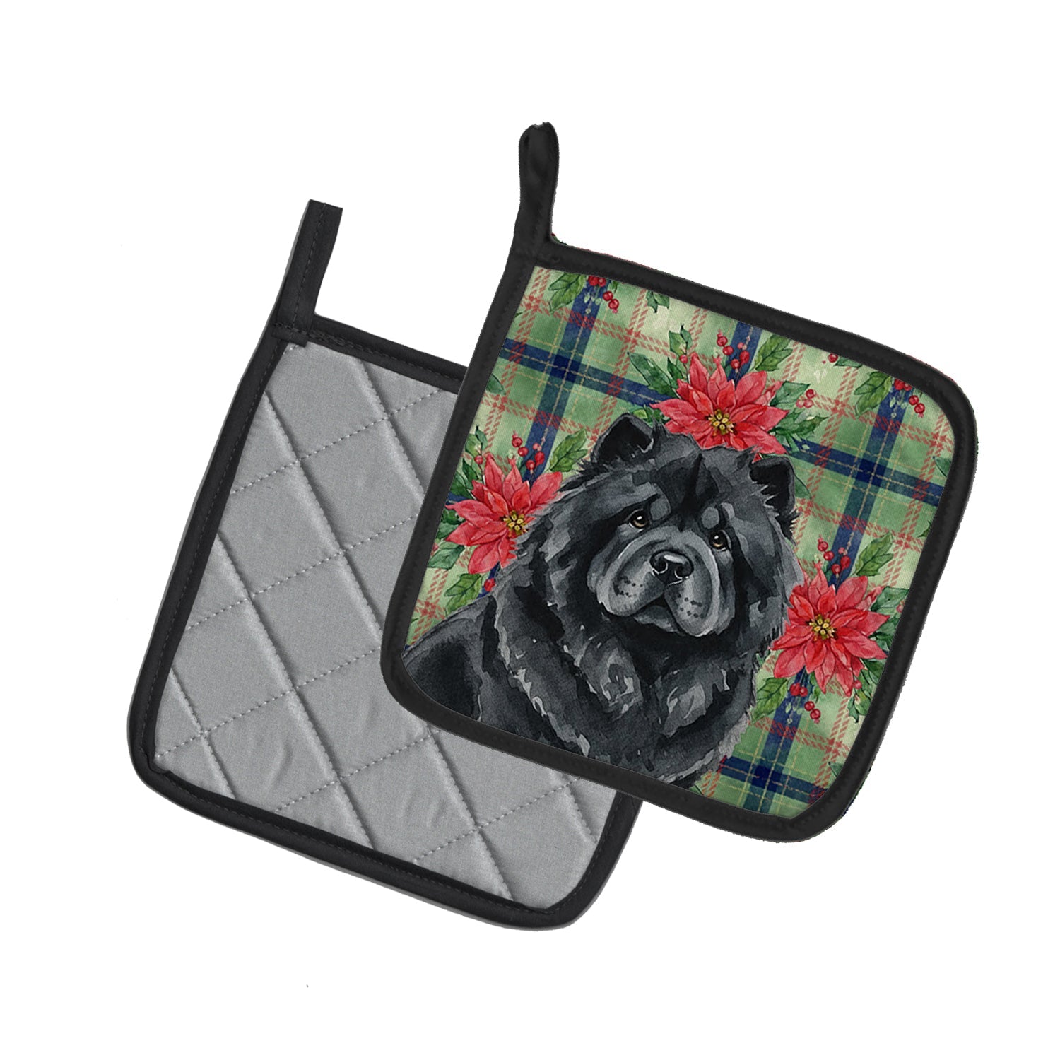 Black Chow Chow Christmas PoinsettIas Pot Holder Set of 2 Heat Resistant Quilted Hot Pads 7.5 x 7.5 Inch, Insulated Kitchen Trivets for Cooking & Baking
