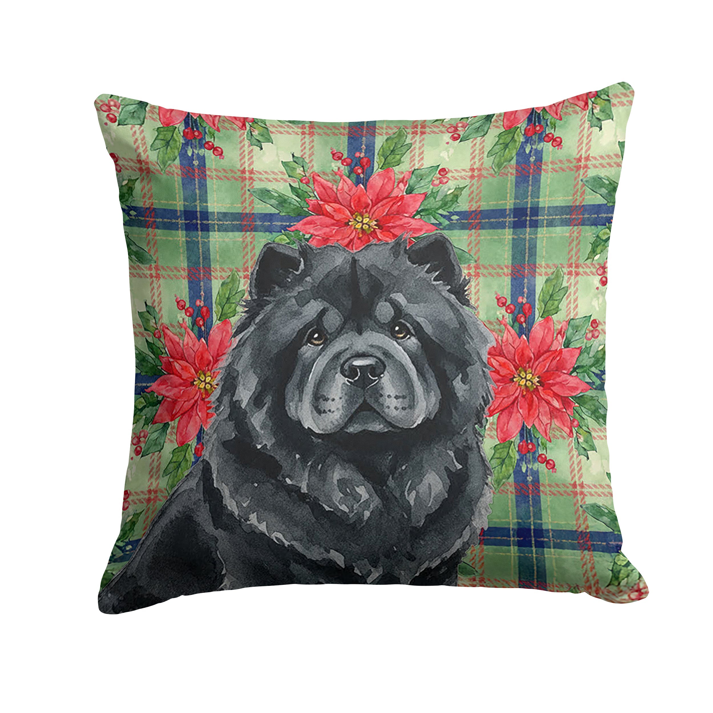 Black Chow Chow Christmas PoinsettIas Decorative Throw Pillow 14x14 Indoor Outdoor Accent Cushion, Fabric Cover with Insert for Sofa, Bed, Porch & Living Room