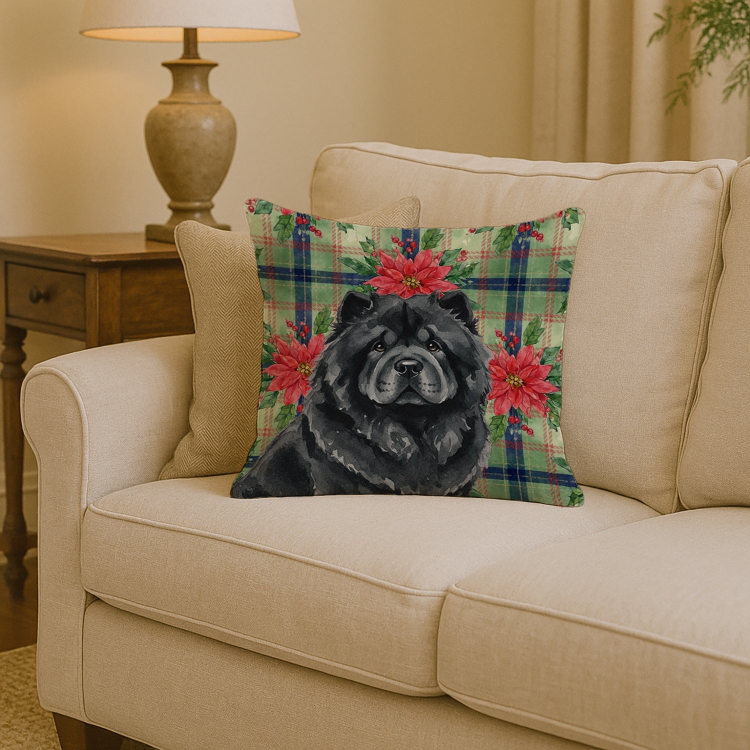 Black Chow Chow Christmas PoinsettIas Decorative Throw Pillow 14x14 Indoor Outdoor Accent Cushion, Fabric Cover with Insert for Sofa, Bed, Porch & Living Room