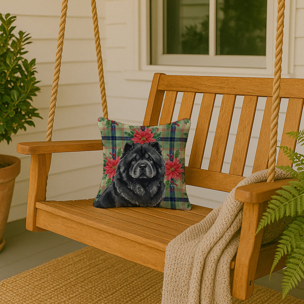 Black Chow Chow Christmas PoinsettIas Decorative Throw Pillow 14x14 Indoor Outdoor Accent Cushion, Fabric Cover with Insert for Sofa, Bed, Porch & Living Room