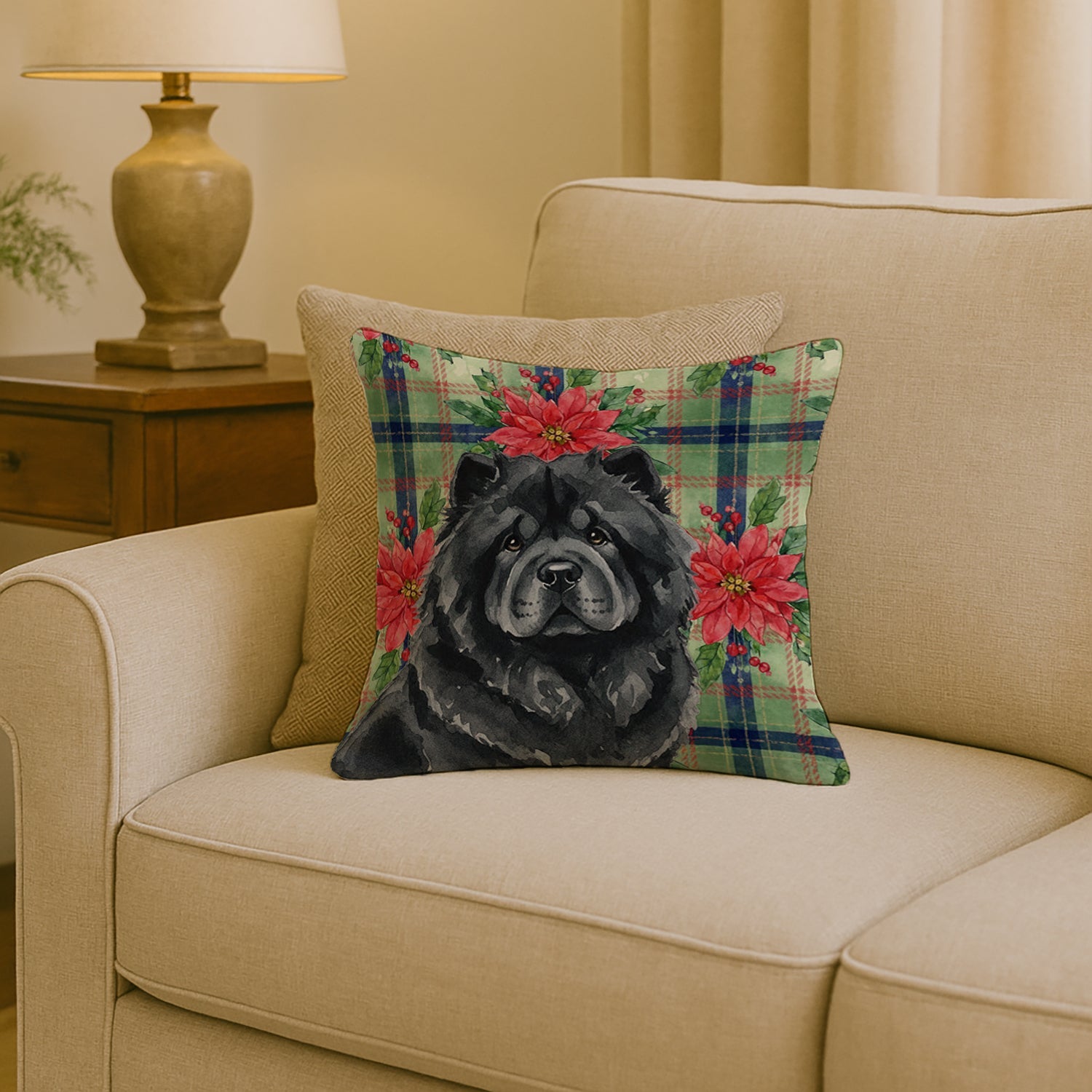 Black Chow Chow Christmas PoinsettIas Decorative Throw Pillow 18x18 Indoor Outdoor Accent Cushion, Fabric Cover with Insert for Sofa, Bed, Porch & Living Room