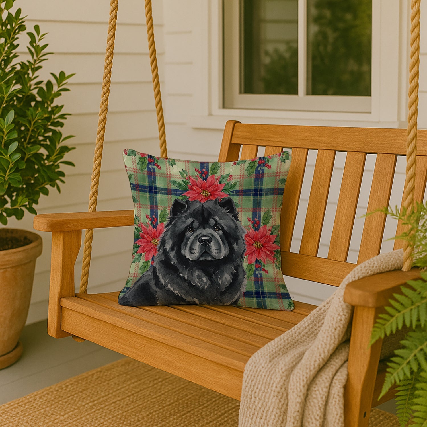 Black Chow Chow Christmas PoinsettIas Decorative Throw Pillow 18x18 Indoor Outdoor Accent Cushion, Fabric Cover with Insert for Sofa, Bed, Porch & Living Room