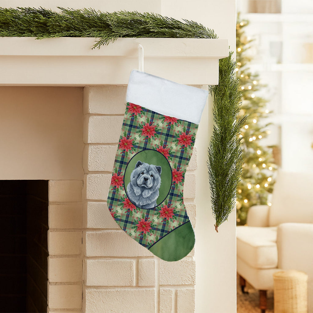 Blue Chow Chow Christmas PoinsettIas Holiday Stocking Double-Sided Print, Polyester Suede,11x18, Made in USA