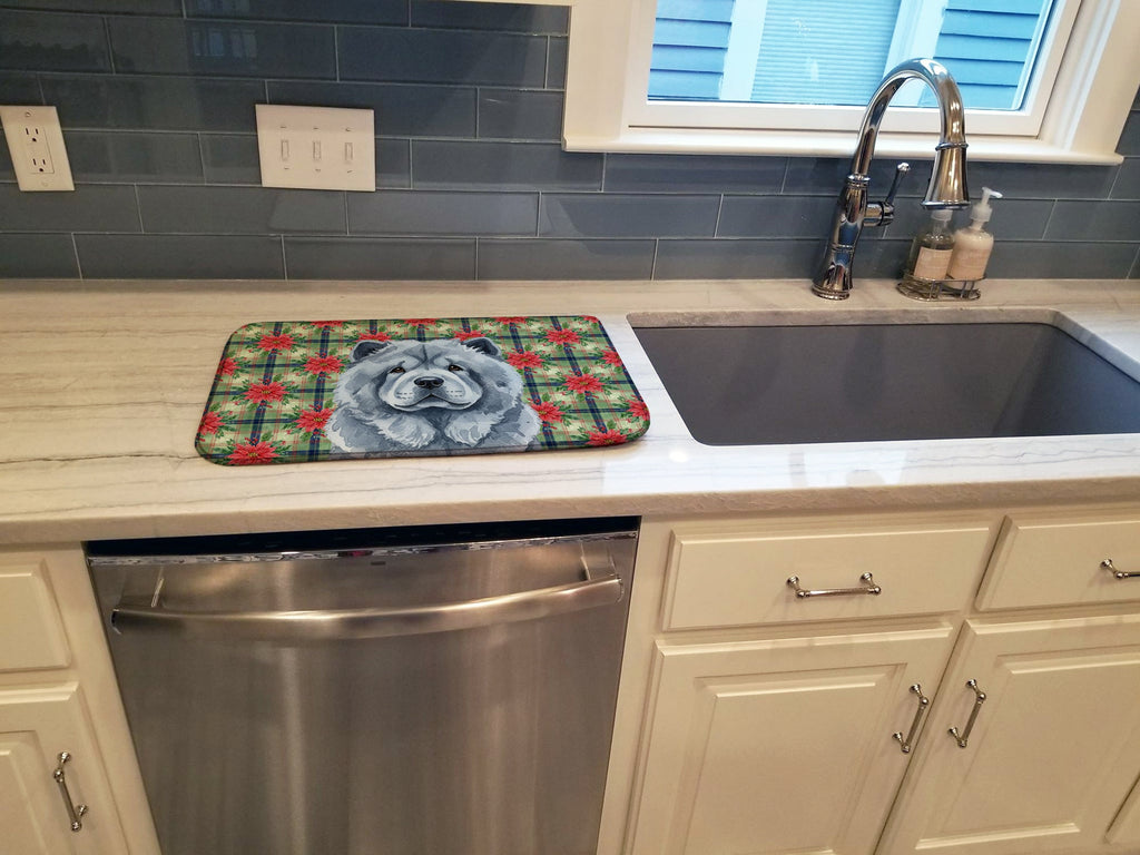 Blue Chow Chow Christmas PoinsettIas Dish Drying Mat Absorbent Dish Drying Mat Pad for Kitchen Counter Dish Drainer Mat for Countertop, 14 x 21", Multicolor
