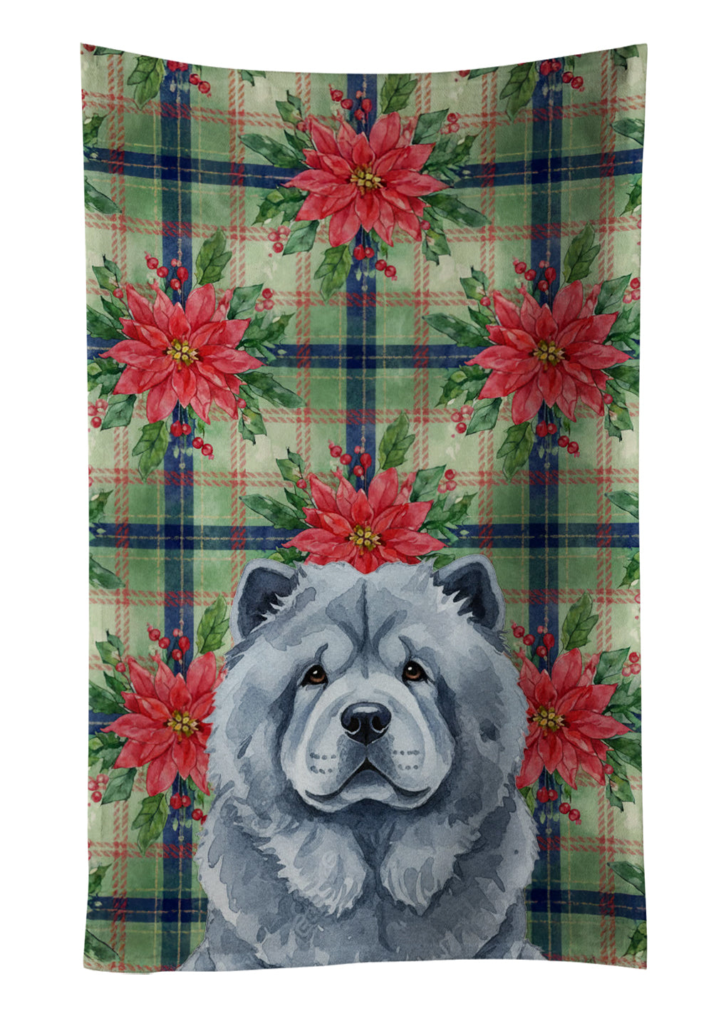 Blue Chow Chow Christmas PoinsettIas Kitchen Towel Velour Plush Front and Cotton Loop Back Machine Washable
