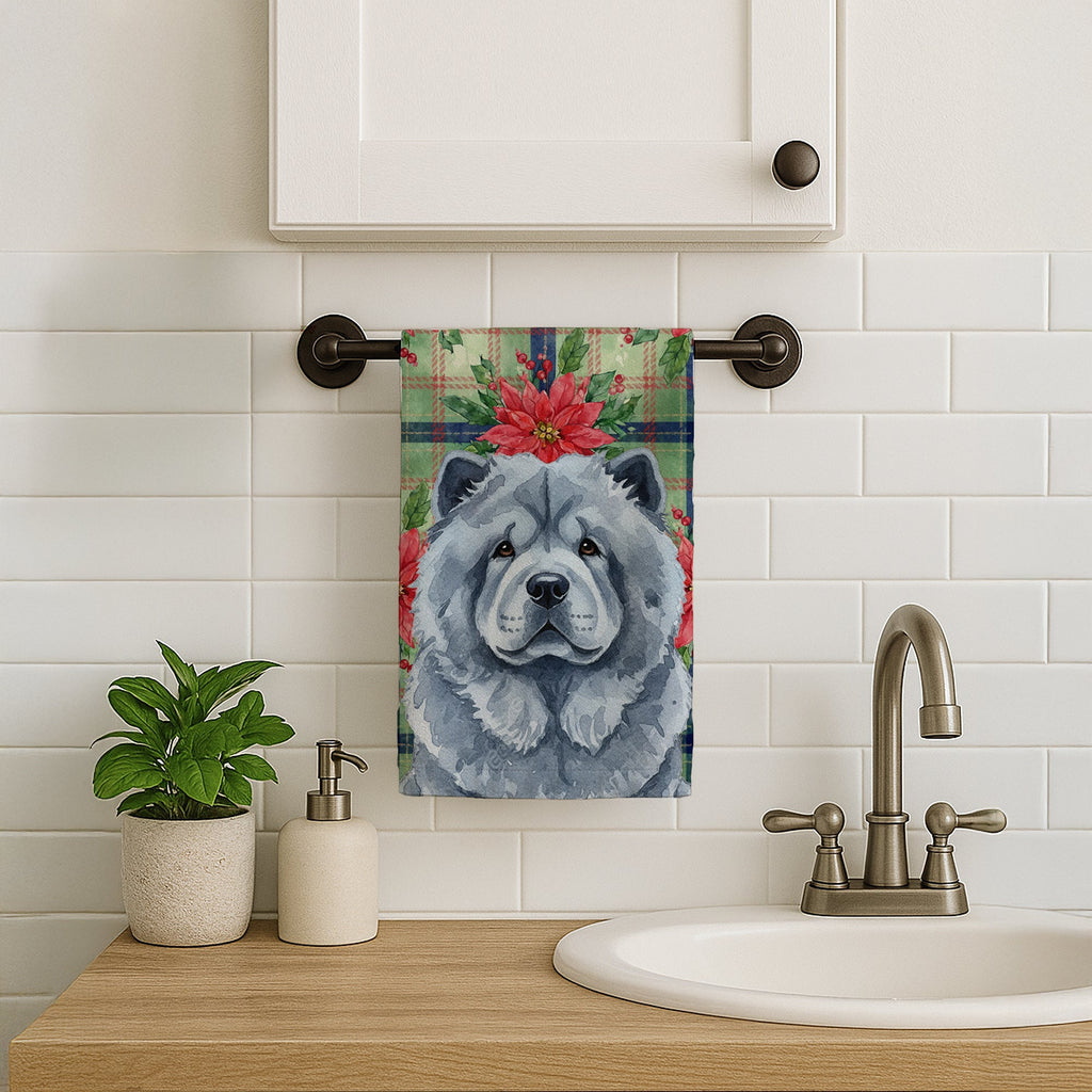 Blue Chow Chow Christmas PoinsettIas Kitchen Towel Velour Plush Front and Cotton Loop Back Machine Washable