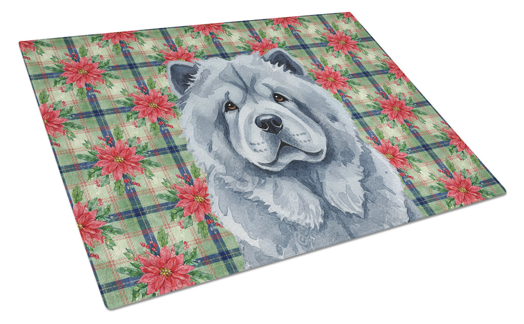 Blue Chow Chow Christmas PoinsettIas Cutting Board Tempered Glass Kitchen Cutting Surface, Heat Resistant Chopping, Non-Slip Feet, Food Prep & Serving
