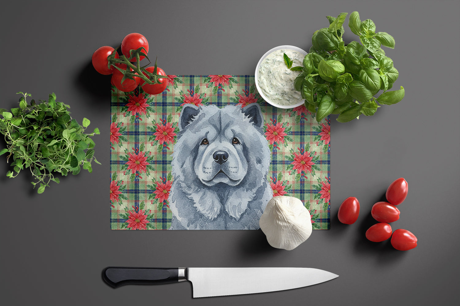 Blue Chow Chow Christmas PoinsettIas Cutting Board Tempered Glass Kitchen Cutting Surface, Heat Resistant Chopping, Non-Slip Feet, Food Prep & Serving