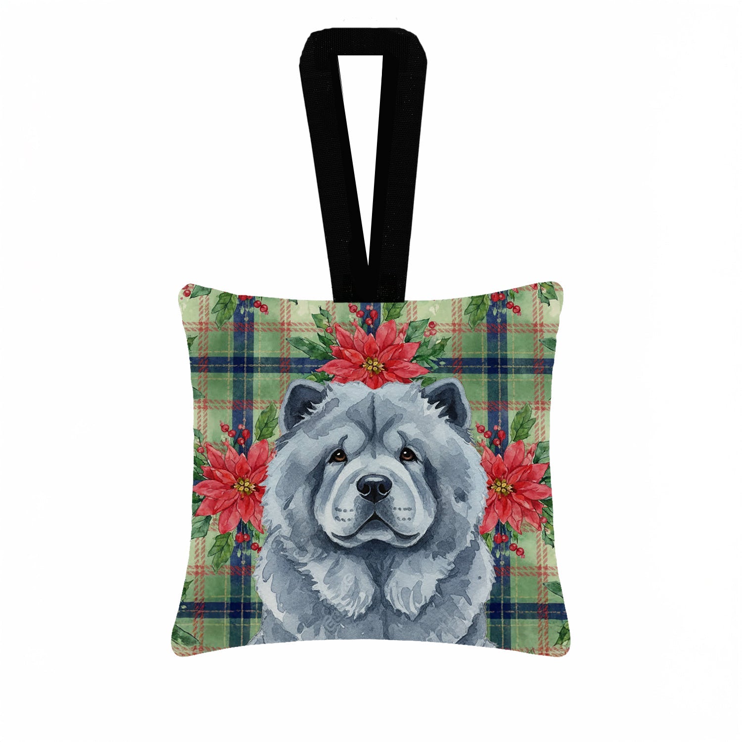 Blue Chow Chow Christmas PoinsettIas Hanging Square Fabric Ornament 3.5 � 3.5 Decorative Door-Knob & Tree Hanger, Soft Fabric