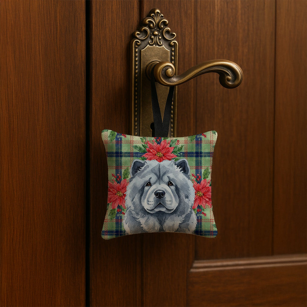 Blue Chow Chow Christmas PoinsettIas Hanging Square Fabric Ornament 3.5 � 3.5 Decorative Door-Knob & Tree Hanger, Soft Fabric
