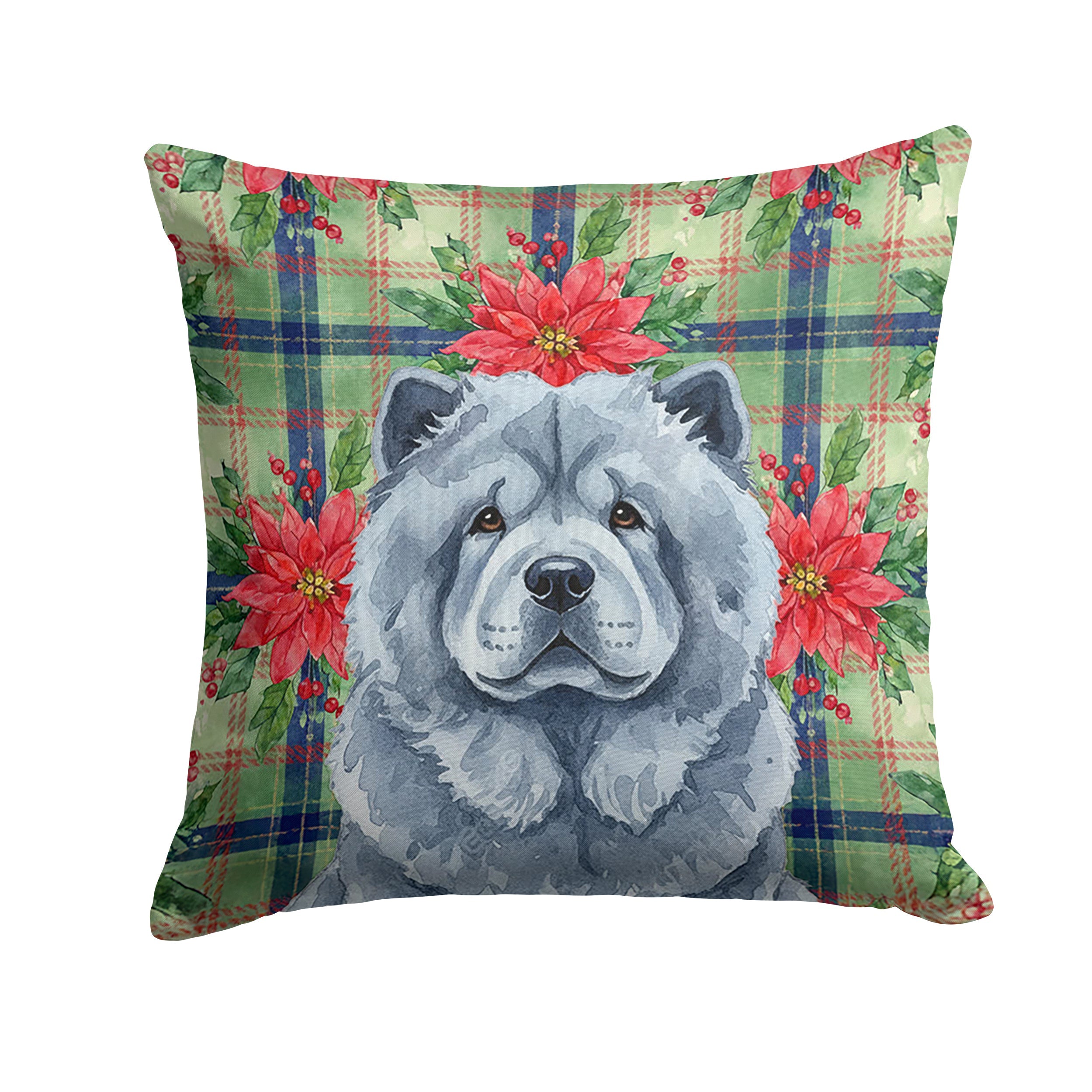 Blue Chow Chow Christmas PoinsettIas Decorative Throw Pillow 14x14 Indoor Outdoor Accent Cushion, Fabric Cover with Insert for Sofa, Bed, Porch & Living Room