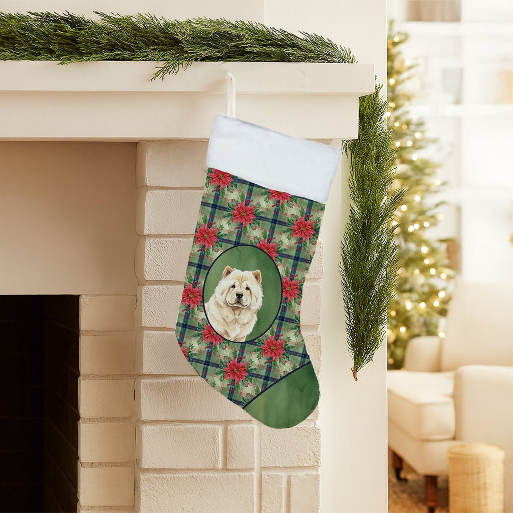 Cream Chow Chow Christmas PoinsettIas Holiday Stocking Double-Sided Print, Polyester Suede,11x18, Made in USA