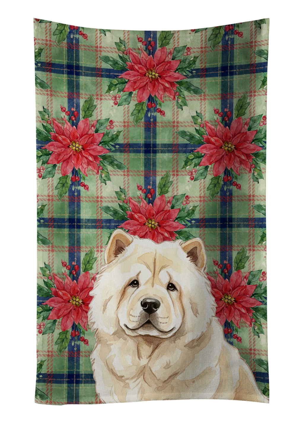 Cream Chow Chow Christmas PoinsettIas Kitchen Towel Velour Plush Front and Cotton Loop Back Machine Washable
