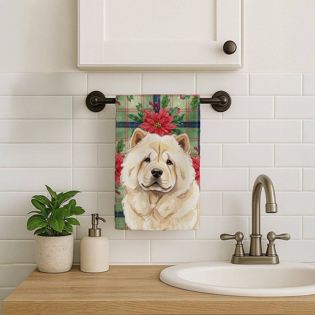 Cream Chow Chow Christmas PoinsettIas Kitchen Towel Velour Plush Front and Cotton Loop Back Machine Washable