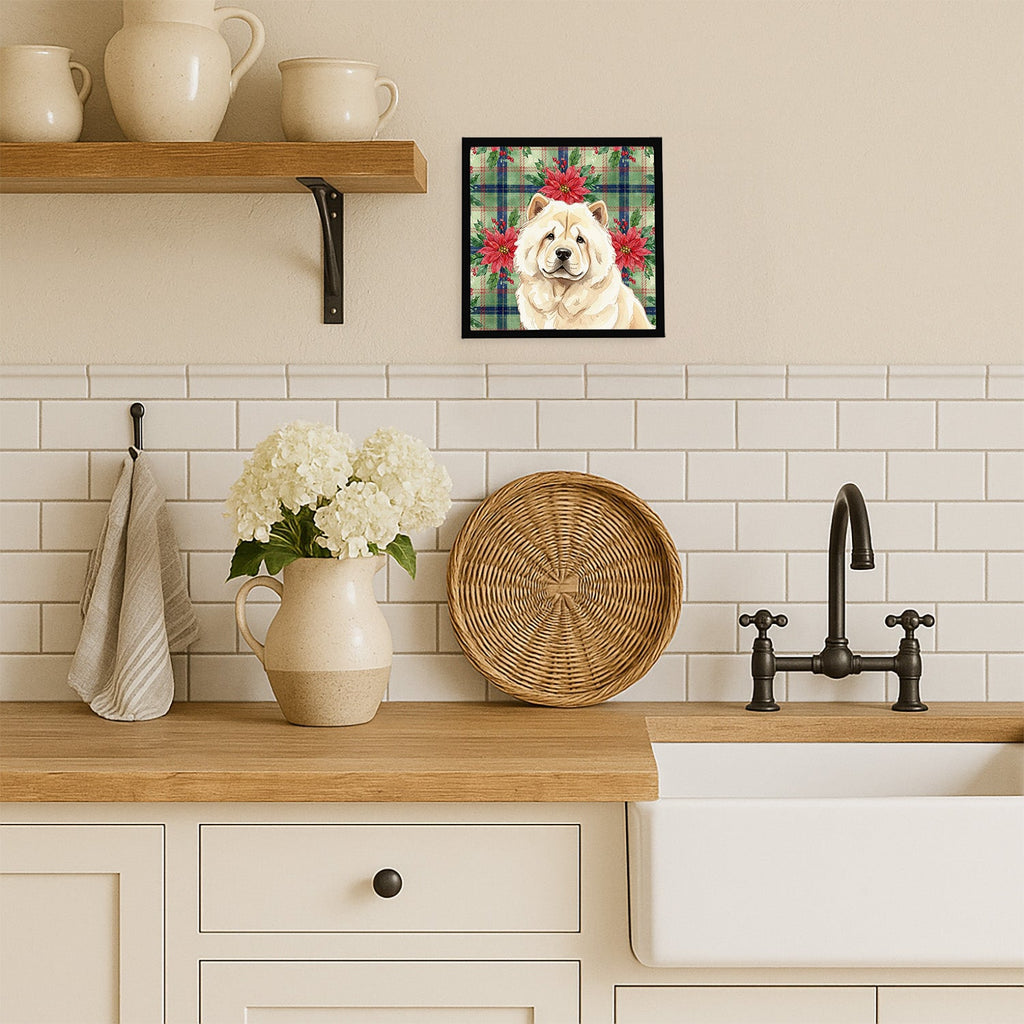 Cream Chow Chow Christmas PoinsettIas Framed Metal Print Bathroom, Kitchen, Office, Home Decor Wall Art Ready to Hang, Square, 8X8